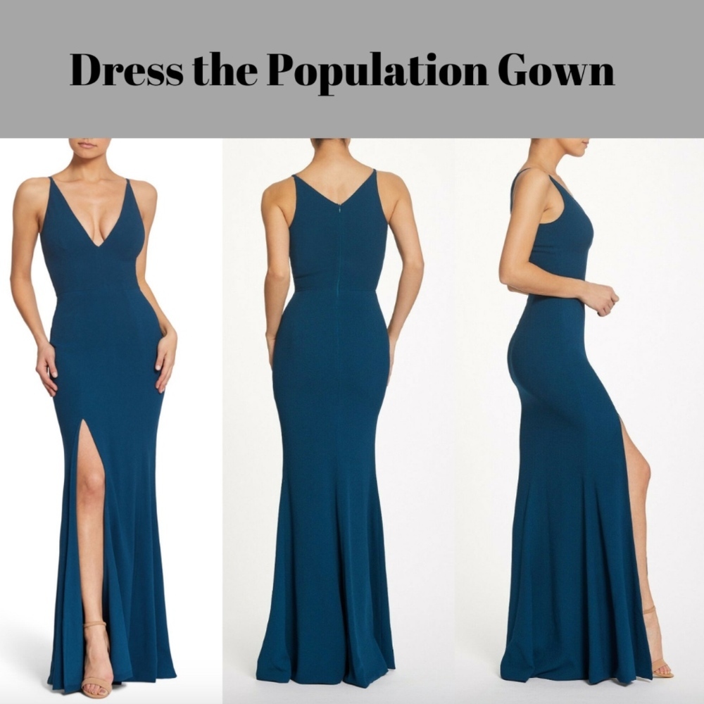 NWT $288 Dress the Population Iris Slit Crepe‎ Gown Peacock Blue [ Large ] #e452